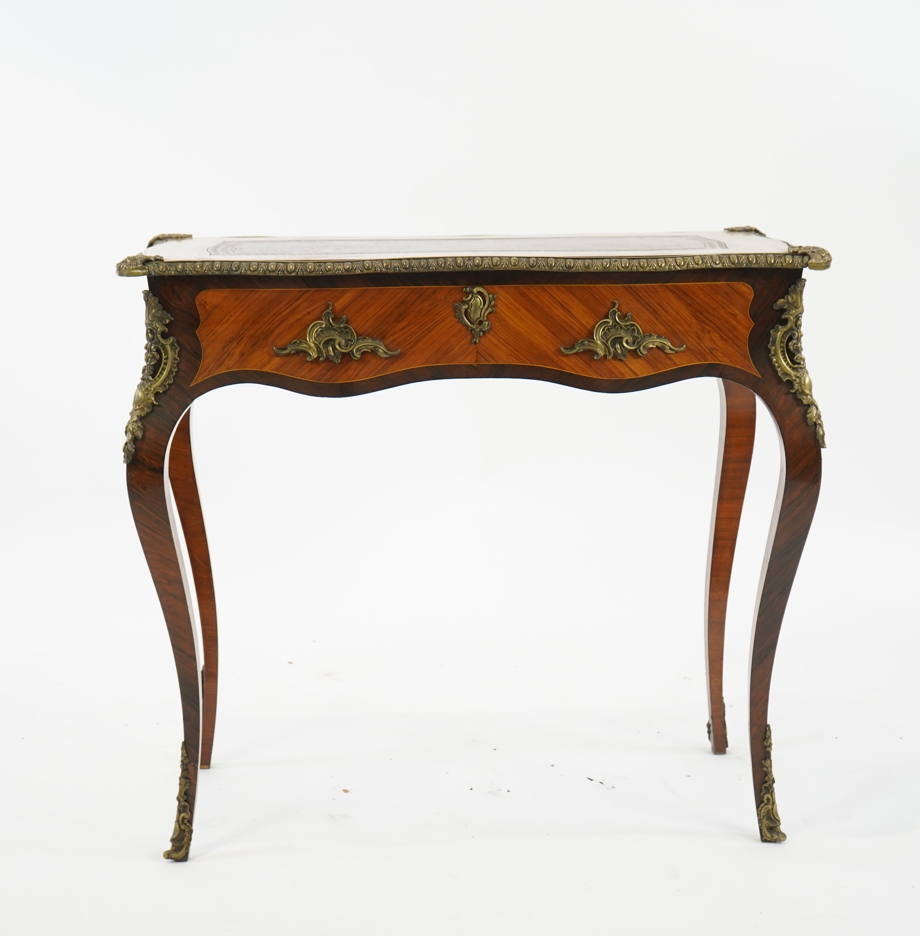 A small Louis XV style gilt metal mounted rosewood and kingwood bureau plat